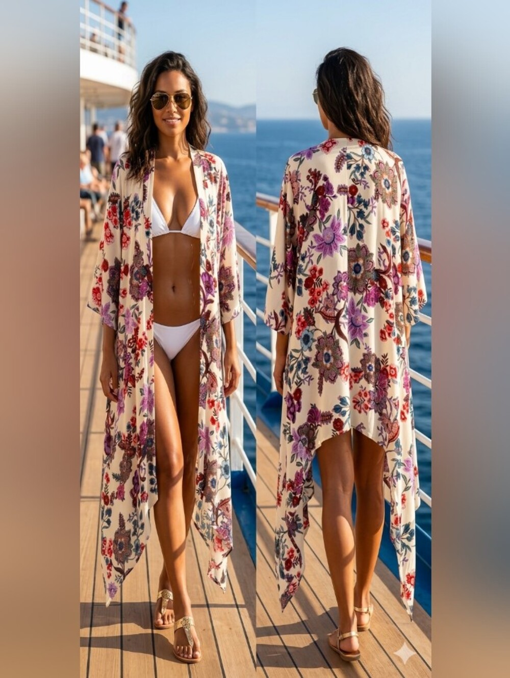 Boho Artsy Kimono Gauze High Low Floral Open Duster Cruise Resort Beach Coverup